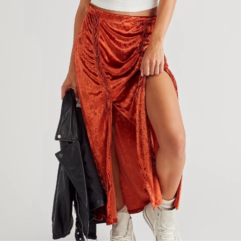 Free People Eyes On You Copper Velvet Midi Skirt